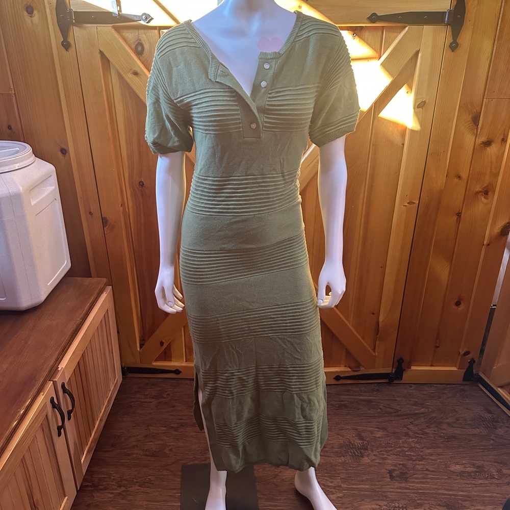 Elegant Olive Midi Dress with Button Accents